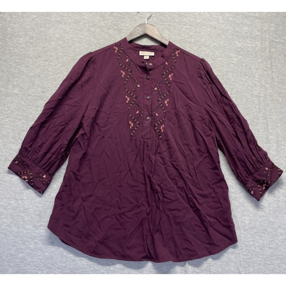 Knox Rose Blouse Top Women Medium Maroon Cotton Floral Embroidered Cuffed Sleeve